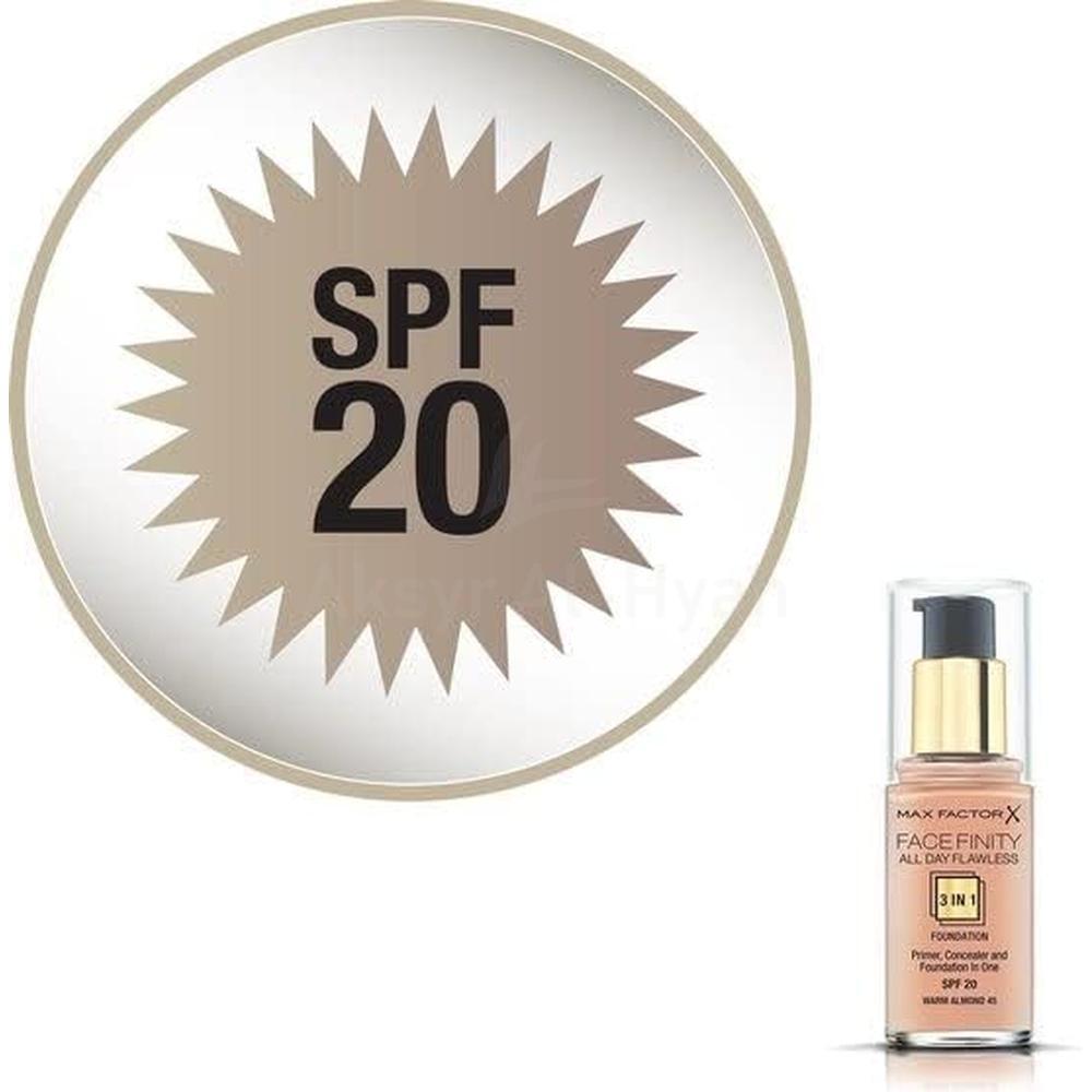MFX FACEFINITY 3 IN 1 SPF20 FOUNDATION 45 WARM ALMOND 30ML 2