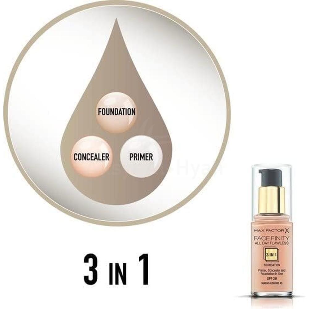 MFX FACEFINITY 3 IN 1 SPF20 FOUNDATION 45 WARM ALMOND 30ML 3